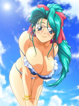 1girl bent_over bikini blue_bikini blue_eyes bracelet breasts cleavage cloud cowboy_shot day earrings female_focus frilled_bikini frills glasses green_hair high_ponytail hoop_earrings huge_breasts jewelry large_breasts leaning_forward lens_flare long_hair lovers_(game) ponytail reference_work ribbon sakura_mayumi skindentation sky solo swimsuit wavy_hair