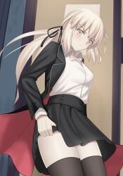 Rule 34 | 1girl, absurdres, artoria pendragon (all), artoria pendragon (fate), black jacket, black skirt, blonde hair, breasts, fate/grand order, fate (series), hair ribbon, highres, jacket, long hair, long sleeves, longdq3008, looking at viewer, low ponytail, medium breasts, open clothes, open jacket, ribbon, saber alter, sidelocks, skirt, solo, thighhighs, thighs, yellow eyes