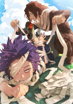 2boys absurdres aizawa_shota bags_under_eyes black_eyes black_hair black_pants black_shoes blue_jacket blue_pants blue_sky boku_no_hero_academia bound cheek_poking clenched_teeth clothes_grab cloud commentary_request contrail cumulonimbus_cloud day facial_hair fingernails full_body furrowed_brow goatee_stubble green_shoes grey_scarf hair_between_eyes hand_on_ground highres jacket kawaharaaisu legs_up lens_flare light_particles long_scarf long_sleeves looking_down looking_to_the_side lying male_focus medium_hair messy_hair multicolored_shoes multiple_boys mustache_stubble neckwear_grab no_socks on_grass on_stomach one_eye_covered pants poking purple_hair red_shoes scarf scarf_grab shinso_hitoshi shoes short_hair sky sneakers sparse_stubble spiked_hair squatting stubble sunlight sweat teacher_and_student teeth tied_up_(nonsexual) u.a._gym_uniform untying white_shoes