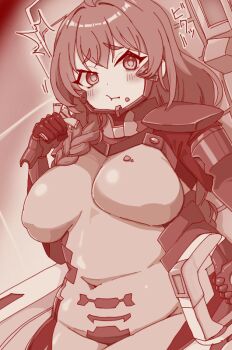 1girl belly braid breasts eating food food_on_face fortified_suit large_breasts long_hair luna_mellow mecha_pilot_suit monochrome muv-luv muv-luv_girls_garden navel plump tanigawa_kent