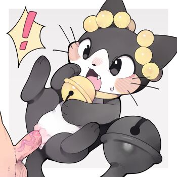 ! 1boy 1girl absurdres animal_ears bell black_eyes blush commentary english_commentary fang furry furry_female furry_with_non-furry hetero highres interspecies jingle_bell lying nintendo on_back open_mouth penis pokemon pokemon_(creature) pussy ringring_(pokemon) sex simple_background spread_legs uncensored vaginal white_background youjo_modoki