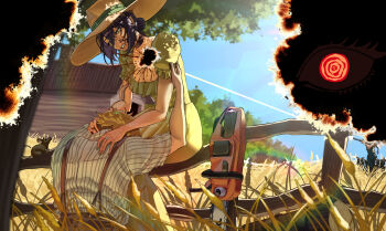 1boy 2girls blood blue_sky breasts chainsaw_man cleavage day denji_(chainsaw_man) dress fence firing green_dress green_eyes hair_bun hat highres house injury kaosottehkob makima_(chainsaw_man) medium_breasts mouse_(animal) multiple_girls outdoors purple_hair reze_(chainsaw_man) shirt sky striped_clothes striped_shirt sun_hat suspenders white_shirt wooden_fence