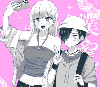 1boy 1girl armband bare_shoulders blush boku_no_kokoro_no_yabai_yatsu cellphone clenched_teeth collarbone copyright_name earrings hair_over_one_eye halter_shirt halterneck hat hetero holding holding_phone hoop_earrings ichikawa_kyoutarou jacket jewelry long_hair looking_at_phone narumi_(62rimi) navel necklace off_shoulder official_alternate_hair_color open_mouth partially_colored phone selfie short_hair smartphone teeth upper_body v yamada_anna