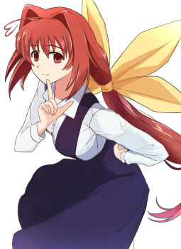 1girl ahoge blue_dress bow breasts dress finger_to_own_chin hair_bow hair_intakes hand_on_own_hip highres kagami_sumika long_hair looking_at_viewer low_ponytail medium_breasts morizou_shi muv-luv official_alternate_costume pinafore_dress ponytail red_eyes red_hair shirt sleeveless sleeveless_dress smile solo very_long_hair white_shirt yellow_bow