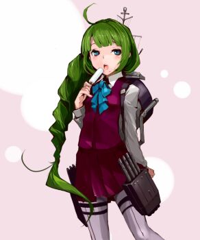 Rule 34 | 1girl, blue bow, blue bowtie, blue eyes, blush, bow, bowtie, braid, collared shirt, female focus, food, goichi, green hair, grey pantyhose, hand up, holding, kantai collection, long hair, long sleeves, mole, mole under mouth, open mouth, pantyhose, pleated skirt, popsicle, purple skirt, purple vest, rigging, shirt, single braid, skirt, skirt set, solo, teeth, thigh strap, vest, white shirt, yuugumo (kancolle)