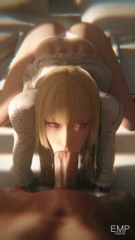 1boy 1girl 3d animated ass blonde_hair blue_eyes clothed_female_nude_male clothes_lift emilie_de_rochefort emp fellatio long_sleeves looking_at_viewer nude oral penis pov shirt_lift sound tagme tekken thong video