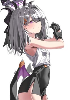 1girl absurdres armpits arms_up bare_shoulders black_gloves black_skirt blue_archive blush breasts covered_navel gloves grey_hair hair_ornament hairclip halo high-waist_skirt highres hina_(blue_archive) horns long_hair looking_at_viewer low_wings multiple_horns pencil_skirt purple_eyes purple_halo rirua_(kjom802) shirt simple_background skirt sleeveless sleeveless_shirt small_breasts solo white_background white_shirt wings