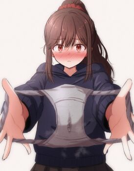 1girl artist_self-insert black_hoodie blush brown_eyes brown_hair closed_mouth commentary dot_nose grey_panties hair_ornament hair_scrunchie high_ponytail highres holding holding_panties holding_underwear holding_unworn_clothes hood hoodie long_hair long_sleeves looking_at_viewer mame_rakko mamerakkkkko_(mamerakkkkko) nose_blush original outstretched_arms panties ponytail presenting_removed_panties protected_link pussy_juice_stain red_scrunchie scrunchie simple_background solo underwear white_background