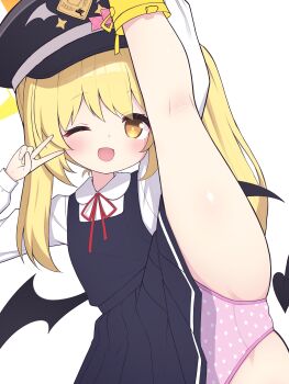 1girl ;d absurdres black_hat black_wings blonde_hair blue_archive blue_dress boots demon_girl demon_wings dress halo hat heart heart_print_panties heart_print highres ibuki_(blue_archive) kneepits loli long_hair long_sleeves looking_at_viewer neck_ribbon one_eye_closed open_mouth panties peaked_cap pinafore_dress pink_panties polka_dot polka_dot_panties print_panties puffy_long_sleeves puffy_sleeves red_ribbon ribbon rubber_boots sasakura_momiji shirt side_ponytail simple_background sleeveless sleeveless_dress smile solo split standing standing_on_one_leg standing_split underwear v variant_set white_background white_shirt wings yellow_boots yellow_eyes yellow_halo