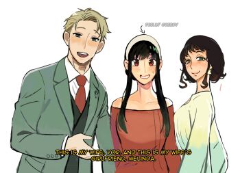 1boy 2girls bisexual_female black_hair blonde_hair blush english_text formal_clothes green_suit hairband highres husband_and_wife justana long_hair melinda_desmond multiple_girls necktie red_necktie red_sweater short_hair spy_x_family subtitled suit sweatdrop sweater twilight_(spy_x_family) white_background white_hairband yor_briar yuri