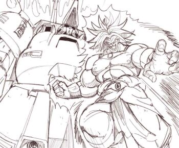 Rule 34 | 1boy, aura, blank eyes, broly (dragon ball z), clenched hand, dragon ball, dragonball z, gundam, kin-san (sasuraiga), male focus, mobile suit, monochrome, shimada bin, spiked hair, super saiyan, the o (mobile suit), topless male, voice actor connection, zeta gundam