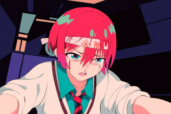 1girl a1_(initial-g) amate_yuzuriha aqua_eyes aqua_hair aqua_shirt blood bloody_tears commentary_request diagonal-striped_clothes diagonal-striped_necktie gundam gundam_gquuuuuux hachimaki headband multicolored_eyes multicolored_hair necktie nosebleed open_mouth red_eyes red_hair shirt short_hair sleeves_pushed_up solo striped_clothes sweater two-tone_eyes two-tone_hair upper_body white_headband white_sweater