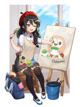 Rule 34 | 1girl, ;d, artist name, bad id, bad pixiv id, badge, beret, black skirt, black thighhighs, blue sky, bucket, button badge, copyright name, day, easel, game console, gen 7 pokemon, hair between eyes, handheld game console, hat, looking at viewer, nintendo, nintendo 3ds, nintendo switch, one eye closed, open mouth, paintbrush, painting (action), poke ball, pokemon, pokemon (creature), red hat, risem, rowlet, shoes, short sleeves, sitting, skirt, sky, smile, smock, thighhighs, white footwear, wii u, window