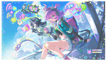 2girls black_hair border cable cable_tail character_request commentary_request dutch_angle headphones highres holding jacket long_hair long_sleeves looking_at_viewer mechanical_tail midriff multiple_girls neverness_to_everness one_side_up open_clothes open_jacket outdoors purple_hair short_shorts shorts sitting tail white_border yunouou10