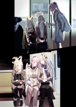 3girls absurdres animal_ear_fluff animal_ears blonde_hair blue_archive brown_hair casual coat cosmos_(rea1ityc0sm0s) feathered_wings flower fox_ears fur_trim hair_bun hair_flower hair_ornament halo highres jacket long_hair multiple_girls open_mouth pink_hair ponytail scarf smile subway tea_party_(blue_archive) train_interior white_wings wings winter_clothes winter_coat yellow_eyes