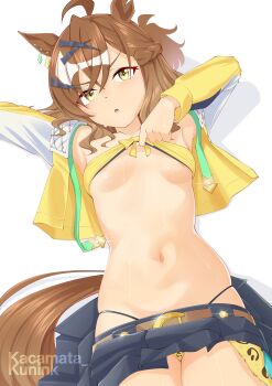 1girl absurdres animal_ears areola_slip armpits artist_name bandeau bandeau_pull belt black_skirt blush breasts brown_belt brown_eyes brown_hair brown_tail clothes_lift clothes_pull commentary_request cropped_jacket highres horse_ears horse_girl horse_tail jacket jungle_pocket_(champion's_battle_cry)_(umamusume) jungle_pocket_(umamusume) kacamata_kunink long_sleeves looking_at_viewer lying miniskirt multicolored_hair navel on_back open_clothes open_jacket open_mouth panties print_panties pulling_own_clothes short_hair simple_background skindentation skirt skirt_lift small_breasts solo stomach strapless streaked_hair sweatdrop tail thighs tube_top tube_top_pull umamusume underwear v-shaped_eyebrows white_background white_streaks yellow_bandeau yellow_jacket yellow_panties yellow_tube_top