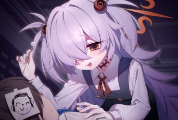 1boy 1girl blue_archive blue_necktie blush brown_eyes collared_shirt commentary_request diagonal-striped_ribbon dress eyeball_hair_ornament grey_hair hair_over_one_eye halo holding kanoe_(blue_archive) long_hair long_sleeves mimikaki multicolored_eyes narita_tamezou necktie open_mouth orange_halo paper_on_head pinafore_dress scar scar_on_neck sensei_(blue_archive) shirt sleeveless sleeveless_dress two-tone_eyes two_side_up white_shirt yukadon