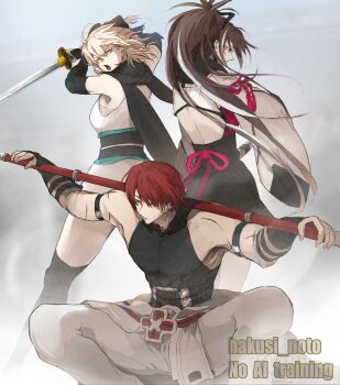 Rule 34 | 1boy, 2girls, arm strap, artist name, back cutout, bare shoulders, belt, black belt, black gloves, blonde hair, brown hair, clothing cutout, elbow gloves, fate/grand order, fate (series), feet out of frame, fingerless gloves, fog, gloves, hakusi noto, harada sanosuke (fate), highres, holding, holding polearm, holding sword, holding weapon, japanese clothes, kawakami gensai (fate), kawakami gensai (first ascension) (fate), kimono, long hair, looking ahead, looking at another, looking to the side, multiple belts, multiple girls, obi, obiage, obijime, okita souji (fate), okita souji (koha-ace), okita souji (second ascension) (fate), pants, polearm, red hair, red ribbon, ribbon, sash, scar, scar on arm, shirt, short hair, short kimono, sideways glance, sketch, sleeveless, sleeveless shirt, squatting, sword, toned, toned male, weapon, white hair, white pants