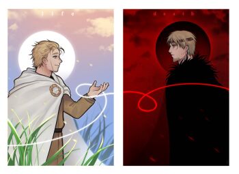 Rule 34 | 2boys, beard, blonde hair, blue eyes, brown eyes, canute, cloak, english text, eyelashes, facial hair, facial scar, grass, hand up, headband, height difference, highres, joko boo, male focus, multiple boys, multiple scars, panels, profile, scar, scar on cheek, scar on face, scar on nose, short hair, smile, thorfinn, viking, vinland saga