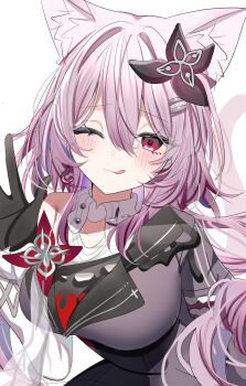 Rule 34 | 1girl, ;p, animal ear fluff, animal ears, blush, breasts, buttons, cat ears, cat tail, commentary, earrings, evernight (honkai: star rail), flower, gloves, hair between eyes, hair flower, hair ornament, hairclip, highres, honkai: star rail, honkai (series), jewelry, kemonomimi mode, layered clothes, long hair, march 7th (honkai: star rail), one eye closed, parallel hairclips, pink hair, red eyes, single earring, symbol-only commentary, tail, tongue, tongue out, very long hair, white background, yuzukiyuno (yunmu g)