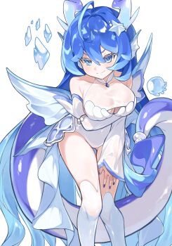 1girl absurdres ahoge aragnia_(trickcal) bare_shoulders blue_eyes blue_hair blue_nails blue_tail breasts colored_eyelashes commentary_request coral coral_hair_ornament detached_collar detached_sleeves fins hair_ornament hand_on_own_knee hand_up head_fins highleg highleg_leotard highres knees_together_feet_apart korean_commentary large_breasts large_tail leotard liquid_hair long_hair low_wings nukki_(vvav7534) see-through_clothes smile standing star_ornament tail trickcal v-shaped_eyebrows very_long_hair white_leotard wings
