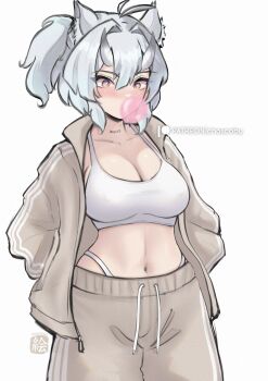 Rule 34 | 1girl, absurdres, artist name, breasts, brown eyes, brown jacket, brown shorts, chascoby, chewing gum, cleavage, collarbone, commentary, cowboy shot, crop top, english commentary, grey hair, grey hoodie, hair between eyes, hair between horns, hands in pockets, highres, hood, hoodie, jacket, kobita (chascoby), large breasts, midriff, navel, open clothes, open jacket, original, panty straps, patreon logo, patreon username, shorts, simple background, solo, sports bra, standing, stomach, track jacket, white background, white sports bra