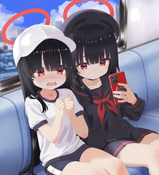 2girls baseball_cap beret black_choker black_hair black_hat black_sailor_collar black_serafuku black_shirt black_skirt blue_archive blue_shorts blush choker closed_mouth commentary_request dot_nose flying_sweatdrops gym_shirt gym_shorts gym_uniform halo hat hime_cut holding holding_phone justice_task_force_member_(blue_archive) long_hair long_sleeves multiple_girls mutsuse neckerchief open_mouth phone pleated_skirt puffy_sleeves red_eyes red_halo red_neckerchief sailor_collar school_uniform serafuku shirt shoes short_sleeves shorts sitting skirt sweatdrop wavy_mouth white_hat white_shirt
