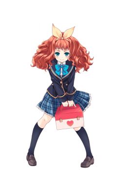 1girl black_socks blue_bow blue_bowtie blue_skirt bow bowtie brown_shoes closed_mouth full_body girlfriend_(kari) green_eyes hair_bow holding_first_aid_kit jacket kneehighs knees loafers looking_at_viewer messy_hair official_art plaid_clothes plaid_skirt pleated_skirt qp:flapper red_hair saeki_marika school_uniform shirt shoes simple_background skirt smile socks solo standing transparent_background white_shirt yellow_bow