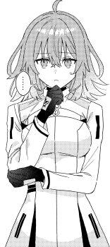 ... 1girl absurdres ahoge black_gloves breasts chaldea_logo clothing_cutout command_spell cowboy_shot fate/grand_order fate_(series) fujimaru_ritsuka_(female) fujimaru_ritsuka_(female)_(decisive_battle_chaldea_uniform) glove_cutout gloves greyscale highres light_frown long_sleeves looking_at_viewer medium_breasts monochrome skirt solo speech_bubble striped_clothes sweatdrop timta_xx