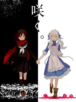 2girls aaniko alternate_color ambiguous_red_liquid apron bad_id bad_pixiv_id black_background black_sailor_collar black_serafuku black_skirt black_socks black_vs_white blue_bow blue_dress blue_hairband boots bow bow_hairband bright_pupils brown_footwear brown_hair buttoned_cuffs buttons closed_mouth collared_dress colored_eyelashes contrast double-parted_bangs dress enpera flower frilled_apron frilled_dress frills fringe_trim full_body hair_between_eyes hair_ornament hairband hairclip hand_on_own_chest highres holding_hands kagerou_project kneehighs kozakura_marry long_sleeves looking_at_viewer multiple_girls neckerchief open_mouth pink_eyes pleated_skirt red_eyes red_flower red_scarf sailor_collar scarf school_uniform serafuku simple_background single_stripe skirt smile socks split_screen striped tateyama_ayano three-quarter_sleeves translated two-tone_background walking wavy_hair white_apron white_background white_flower white_hair white_neckerchief white_pupils winter_uniform