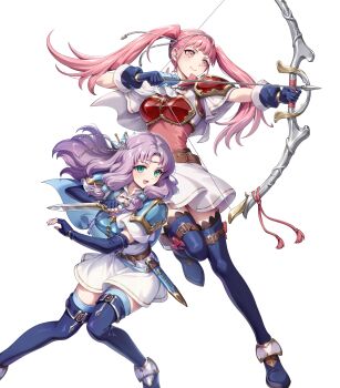 2girls armor arrow_(projectile) attack belt black_thighhighs blue_boots blue_cape blue_gloves blue_thighhighs blush boots bow_(weapon) breastplate breasts brown_belt cape circlet dagger dress elbow_gloves fighting_stance fingerless_gloves fire_emblem fire_emblem:_the_blazing_blade fire_emblem:_three_houses fire_emblem_heroes florina_(fire_emblem) florina_(skyward_wings)_(fire_emblem) gloves gomashio_ponz green_eyes hairband headband highres hilda_valentine_goneril hilda_valentine_goneril_(skyward_wings) holding holding_bow_(weapon) holding_dagger holding_knife holding_weapon knife long_hair looking_at_viewer multiple_girls nintendo non-web_source official_alternate_costume official_art open_mouth pink_dress pink_eyes pink_hair purple_hair quiver sheath short_sleeves shoulder_armor simple_background smile thigh_boots thighhighs twintails weapon white_background white_cape white_dress white_hairband white_headband