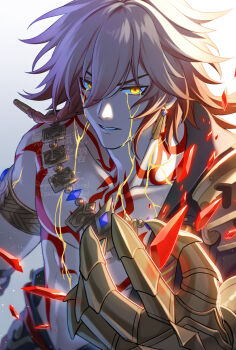 1boy abs agepan arm_tattoo armlet black_coat blonde_hair blood bloody_tears braid chest_tattoo clawed_gauntlets coat commentary_request crystal earrings facial_tattoo gold_earrings gold_necklace gradient_hair highres honkai:_star_rail honkai_(series) jewelry male_focus medium_hair multicolored_hair mydei_(honkai:_star_rail) necklace open_clothes open_coat red_hair red_tattoo side_braid solo tattoo toned toned_male watermark yellow_blood yellow_eyes
