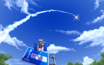 1girl brown_hair cloud commentary_request dated dated_commentary day from_behind hand_up hayabusa_(spacecraft) highres original outdoors personification radio_antenna rocket shading_eyes shapoco shirt sign sitting sky solar_panel solo spacecraft wide_shot yellow_shirt