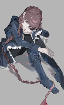 Rule 34 | 1girl, absurdres, black pantyhose, blue boots, blue eyes, blue jacket, blunt bangs, boots, braid, brown hair, character request, copyright request, covered mouth, grey background, highres, jacket, long hair, looking at viewer, pantyhose, sidelocks, simple background, sitting, solardark09, solo, very long hair