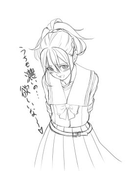 1girl absurdres arms_behind_back blush braid brown_hair chest_bow chuo_tanegashima_high_school_uniform commentary_request eibon greyscale half_up_braid highres long_hair looking_at_viewer monochrome open_mouth pleated_skirt ponytail ponytail_with_braided_base robotics;notes sailor_collar school_uniform science_adventure senomiya_akiho shirt short_sleeves simple_background skirt smile solo translation_request white_background white_shirt