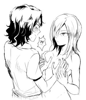 !? 1boy 1girl aoyagi_hajime blush breasts clothed_male_nude_female eye_contact gender_request genderswap grabbing_another&#039;s_breast groping hair_over_one_eye hetero looking_at_another monochrome nude simple_background surprised teshima_junta white_background yowamushi_pedal