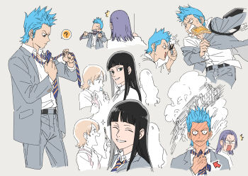 2boys 3girls ? ^^^ ^_^ adjusting_clothes adjusting_necktie aged_down alternate_universe blank_eyes blue_eyes blue_hair blush bread bread_slice chiyo_(qiandai) closed_eyes eating embarrassed food food_in_mouth formal_clothes franky_(one_piece) full-face_blush gift_art grey_background grey_suit head_steam highres hime_cut holding holding_food holding_popsicle hungry_days iceburg lower_eyelashes_only mouth_hold multiple_boys multiple_girls nami_(one_piece) necktie nico_robin notice_lines one_piece popsicle purple_hair school_uniform short_hair smile sparkle spoken_question_mark striped_necktie suit toast toast_in_mouth train tying_necktie