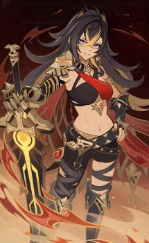 1girl absurdres asymmetrical_clothes belt black_hair black_pants blonde_hair blue_eyes breasts chinese_commentary commentary_request criss-cross_halter crossed_bangs dark-skinned_female dark_skin dehya_(genshin_impact) earrings fingerless_gloves genius_invokation_tcg_(style) genshin_impact gloves greatsword hair_between_eyes halterneck hand_on_own_hip highres holding holding_sword holding_weapon jewelry long_hair looking_at_viewer midriff multicolored_hair navel pants planted planted_sword planted_weapon resized single_pantsleg smile solo streaked_hair sword third-party_edit torn_clothes torn_pants upscaled weapon