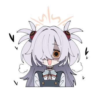 Rule 34 | 1girl, @ @, black choker, blue archive, brown halo, choker, collared shirt, commentary request, dress, hair bobbles, hair ornament, hair over one eye, halo, heart, heavy breathing, kanoe (blue archive), long hair, multicolored eyes, open mouth, pinafore dress, sabi1234, shirt, short twintails, sleeveless, sleeveless dress, solo, spoken heart, twintails, two-tone eyes, upper body, white background, white sleeves