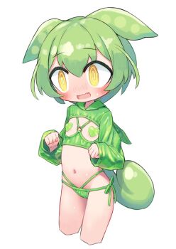 1girl @_@ alternate_costume bikini bikini_bottom_only blush clenched_hands commentary_request cowboy_shot cropped_hoodie cropped_legs embarrassed flat_chest green_bikini green_hair green_hoodie hair_between_eyes heart_pasties highres hood hoodie loli long_sleeves midriff nanatsuta navel o-ring open_mouth pasties revealing_clothes side-tie_bikini_bottom simple_background sleeves_past_wrists solo sweat swimsuit voicevox white_background yellow_eyes zundamon