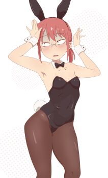 1girl absurdres animal_ears armpits black_bow black_bowtie black_leotard blush bow bowtie breasts brown_pantyhose cleavage commentary_request covered_navel fake_animal_ears fake_tail glasses highres kobayashi-san_chi_no_maidragon kobayashi_(maidragon) kobou31 leotard open_mouth orange_eyes pantyhose playboy_bunny ponytail presenting_armpit rabbit_ears rabbit_tail red_hair short_hair small_breasts solo tail white_wrist_cuffs wrist_cuffs