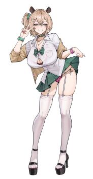 1girl absurdres alternate_costume animal_ears animal_print bow bowtie bra bra_visible_through_clothes breasts bright_pupils brown_cardigan brown_hair button_gap cardigan cardigan_partially_removed choker cleavage clothes_lift commentary commission contrapposto crossed_bangs curvy double-parted_bangs english_commentary eyeliner eyeshadow full_body garter_straps green_bow green_bowtie green_choker green_eyes green_scrunchie green_skirt grin gyaru hair_between_eyes hair_ornament hair_scrunchie heart heart_choker heart_o-ring high_heel_sandals highres indie_virtual_youtuber jewelry lapels large_breasts legs leopard_print leopard_print_bra leopard_print_panties lifting_own_clothes looking_at_viewer loose_bowtie low_side_ponytail makeup mascara miniskirt nail_art narrow_waist necklace nimi_nightmare nokaa_aru o-ring o-ring_choker off_shoulder one_side_up panties partially_unbuttoned pink_bra pink_nails pink_panties platform_heels pleated_skirt print_bra print_panties sandals school_uniform scrunchie second-party_source shirt short_hair side-tie_panties simple_background skindentation skirt skirt_lift sleeves_rolled_up smile solo standing tapir_ears tapir_girl thighhighs thong underwear untucked_shirt v virtual_youtuber white_background white_garter_straps white_pupils white_shirt white_thighhighs wide_hips wrist_scrunchie