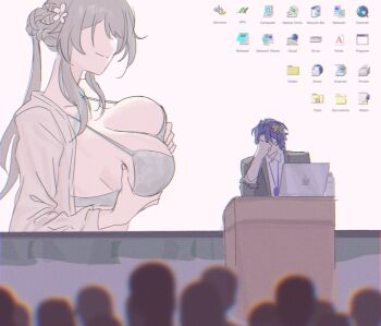 1boy 1girl audience bra computer desktop_(computing) dr._ratio_(honkai:_star_rail) embarrassed gnarlypzofbread hair_bun highres honkai:_star_rail honkai_(series) laptop ruan_mei_(honkai:_star_rail) underwear
