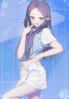 1girl :d absurdres blue_eyes blue_shirt chocosong commentary_request cowboy_shot crop_top gingham_shirt hand_on_own_hip hand_up highres hololive hololive_english long_hair looking_at_viewer midriff miniskirt mole mole_under_eye ninomae_ina'nis open_mouth pointy_ears purple_hair shirt short_sleeves skirt smile solo standing straight_hair t-shirt virtual_youtuber white_shirt white_skirt