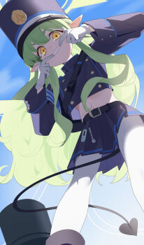 1girl absurdres armband backpack bag belt belt_buckle black_belt black_boots blue_archive blue_armband blue_hat blue_jacket blue_skirt blue_sky boots buckle buttoned_cuffs buttons charm_(object) chinese_commentary commentary_request cropped_jacket day demon_tail double-breasted feet_out_of_frame floating_hair from_below gloves green_hair green_halo grin hair_between_eyes halo hat highres hikari_(blue_archive) jacket leaning_forward legs_apart long_hair long_pointy_ears long_sidelocks long_sleeves looking_at_viewer making_faces midriff miniskirt mouth_pull navel pantyhose partial_commentary peaked_cap pleated_skirt pointy_ears shade sidelocks skirt sky sleeve_cuffs smile solo standing stomach tail tareme thick_eyebrows v-shaped_eyebrows very_long_hair very_long_sidelocks wako_(1194433260) wavy_sidelocks white_gloves white_pantyhose wide_sleeves yellow_eyes