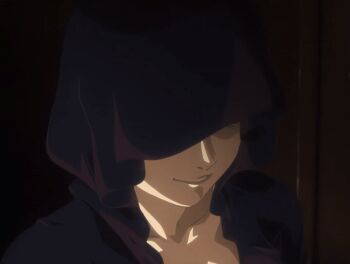 00s 1girl 2007 american animated animated_gif anime_screenshot back bible_black bible_black_new_testament blonde_hair blue_eyes cloak collarbone jody_crowley laughing robe shin_bible_black short_hair tagme witch