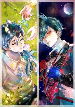 1boy 1girl akuma_shitsuji_to_kuroi_neko alternate_costume aqua_hair asymmetrical_bangs black_bow black_bowtie black_gloves black_jacket black_pants blazer blue_flower blue_hair blue_rose blush border boutonniere bow bowtie bright_pupils buttons closed_eyes collared_shirt day earrings expressionless falling_petals female_pov floral_print flower flower_on_head from_above full_moon gloves grass grey_border hair_between_eyes hair_over_one_eye happy_birthday haures_clifford highres holding holding_flower jacket jewelry lapels long_hair long_sleeves looking_at_viewer low_ponytail male_focus master_(akuma_shitsuji_to_kuroi_neko) moon multicolored_jacket multiple_views night nonoko_(meg36544) notched_lapels on_grass open_mouth pale_skin pants parted_lips petals plant ponytail pov pov_hands red_eyes red_flower red_jacket red_rose red_vest rose rose_petals rose_print shaded_face shirt short_hair side_ponytail single_earring sitting solo_focus two-tone_jacket upper_body vest waistcoat white_flower white_pupils white_shirt wing_collar