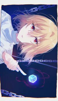 1girl absurdres arcueid_brunestud black_background blonde_hair bored chain expressionless floating_hair highres marble_phantasm pointing profile red_eyes sungoidekame sweater tsukihime tsukihime_(remake) turtleneck turtleneck_sweater vampire white_sweater