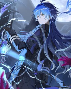 1boy antenna_hair black_capelet black_coat black_gloves blue_fire blue_hair capelet closed_mouth cloud coat commentary_request feet_out_of_frame fire flins_(genshin_impact) full_moon genshin_impact gloves gradient_hair grey_hair highres holding holding_lantern lantern long_hair long_sleeves looking_back male_focus miyanami_3 moon multicolored_hair night night_sky outdoors sky sleeve_cuffs solo standing yellow_eyes