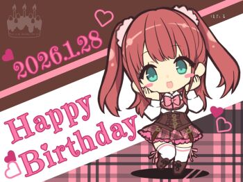 1girl :d aqua_eyes artist_name assault_lily belt belt_buckle birthday_cake blush_stickers boots bow bowtie brown_background brown_belt brown_boots brown_hair brown_skirt buckle cake chibi collared_shirt commentary corset dated food full_body hair_ornament hair_scrunchie hanaoka_angela_moe hands_on_own_cheeks hands_on_own_face hands_up happy_birthday heart hotaru_(ultraroly_poly) leg_ribbon leg_up long_hair long_sleeves looking_at_viewer ludvico_private_girls'_academy_school_uniform miniskirt multiple_belts open_mouth pink_bow pink_bowtie pink_ribbon pink_scrunchie plaid_clothes plaid_skirt ribbon school_uniform scrunchie shirt skirt smile solo standing standing_on_one_leg suspenders thigh_ribbon thighhighs two-tone_background two_side_up underbust white_background white_shirt white_thighhighs